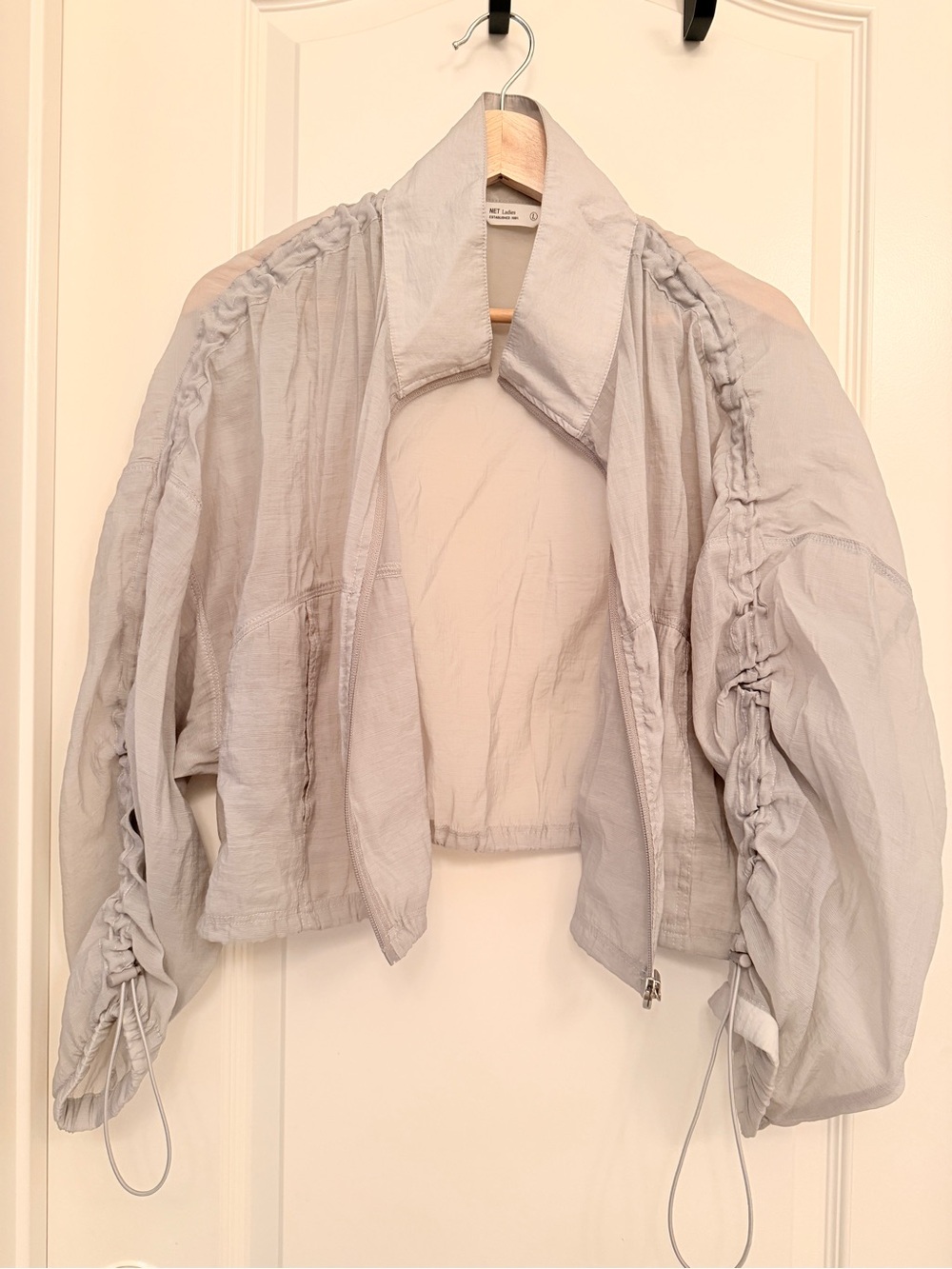 Light Gray Ruched Sleeve Cropped Bomber Jacket
